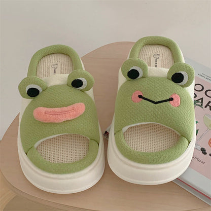 Cute Frog Design Linen Slippers