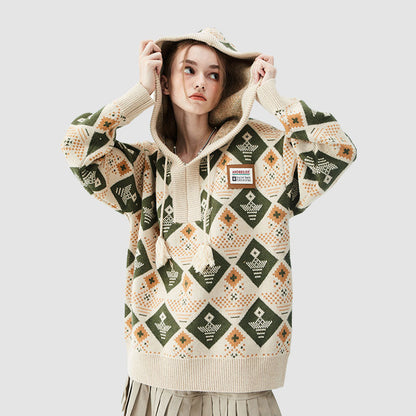 Argyle Pattern Drawstring Hooded Sweater