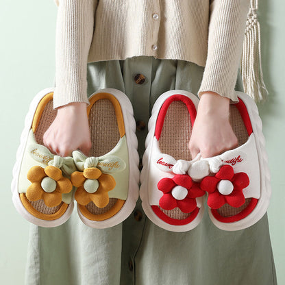 Cute Flower Decor Linen Slippers