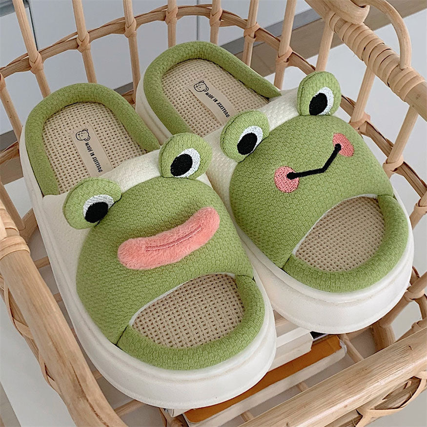 Cute Frog Linen Slippers