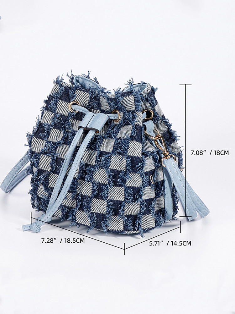 Women's Denim Checkerboard Drawstring Bucket Bag