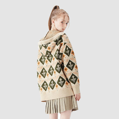 Argyle Pattern Drawstring Hooded Sweater