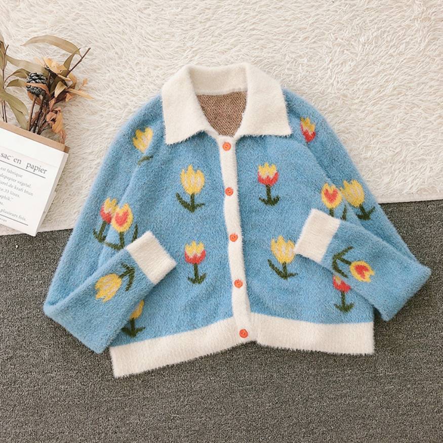 Tulip Pattern Button Down Cardigan Sweater