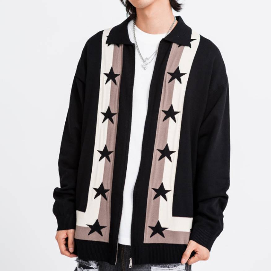 Pentagram Striped Collared Cardigan Sweater