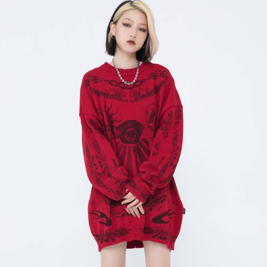 Skull Pattern Distressed Sweater