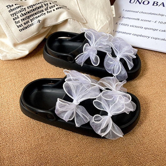 Two Strap Mesh Bow Decor Sandals