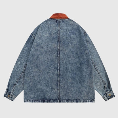 Foliage Embroidered Multi-Pocket Denim Jacket