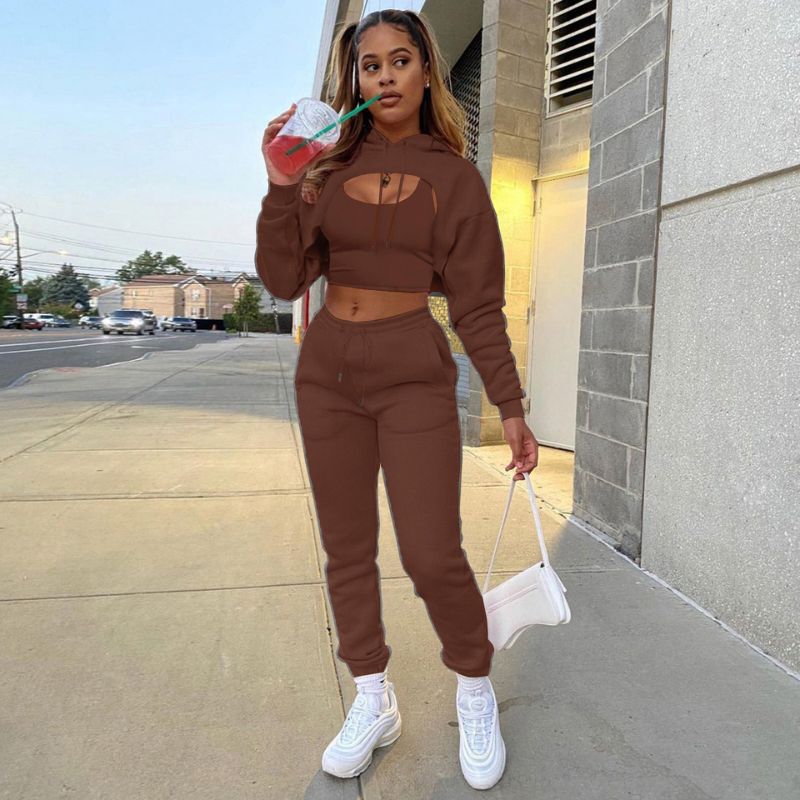 Hollow Out Hoodies & Drawstring Waist Pant Set