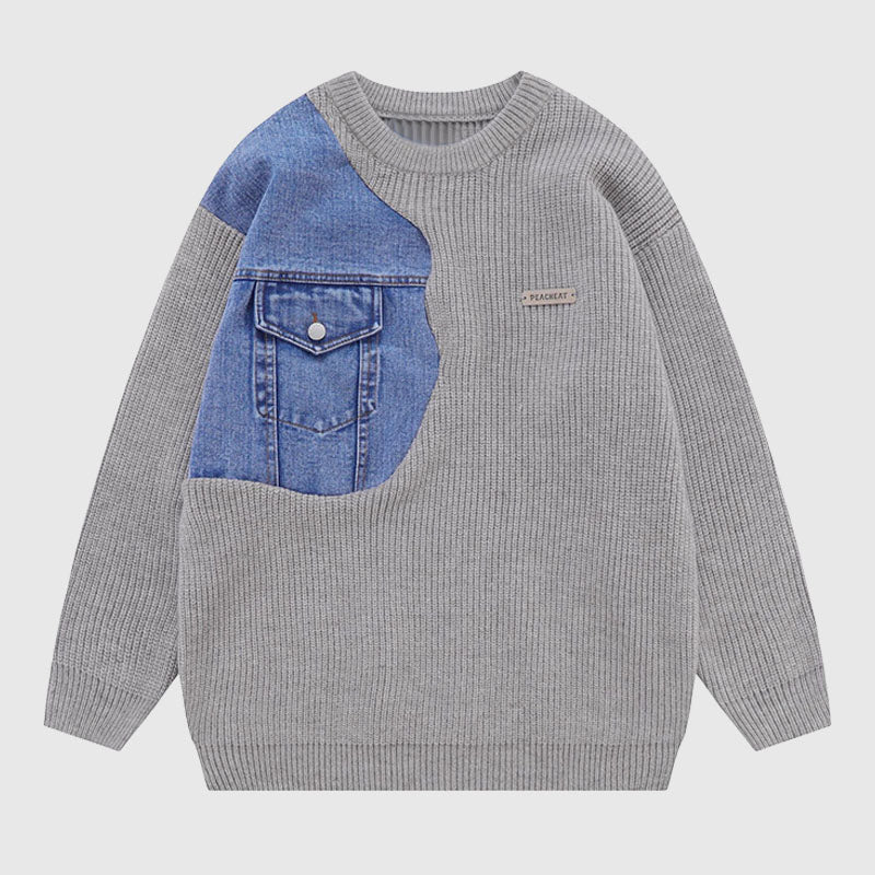 Denim Patchwork Design Pullover