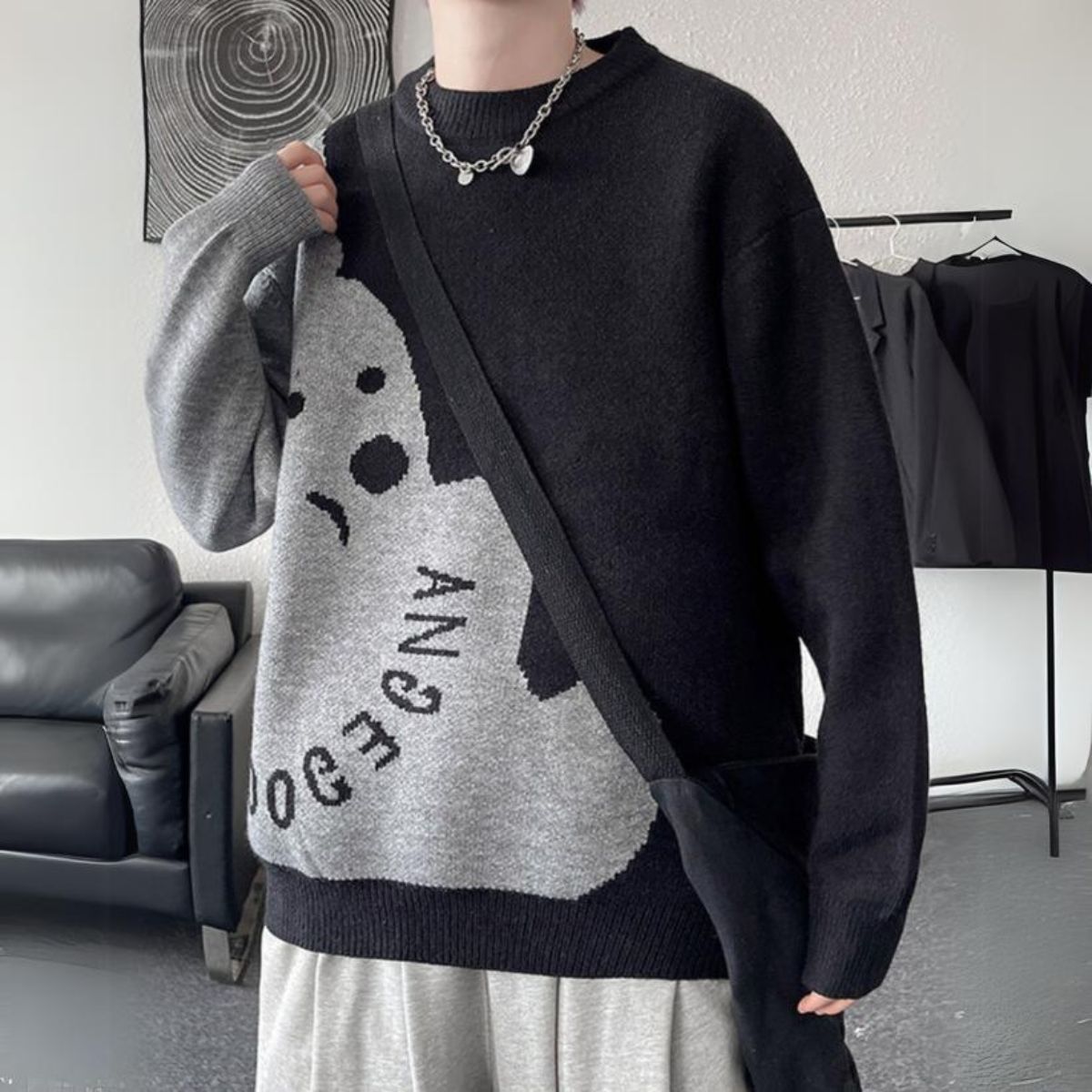 Dog Graphic Two-Tone Knit Sweater