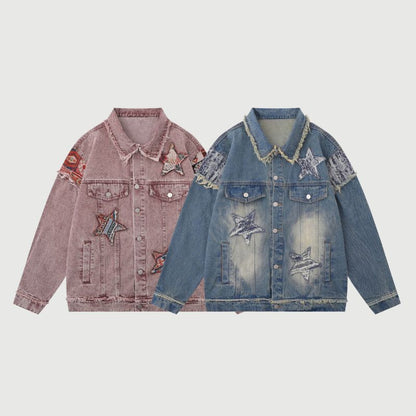 Retro Star Patchwork Embroidered Denim Jacket