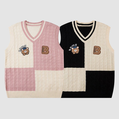 Bear Embroidered Plaid Vest Sweater