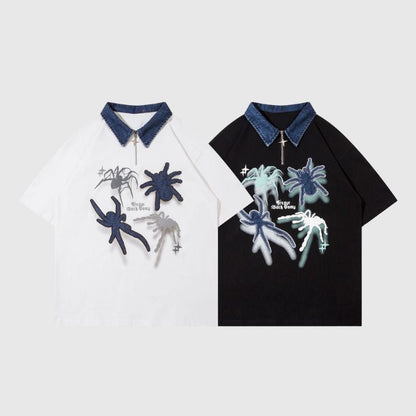 Spider Denim Patch Embroidered Lapel Tee