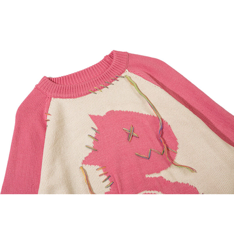 Color Contrast Dinosaur Patchwork Design Knit Pullover