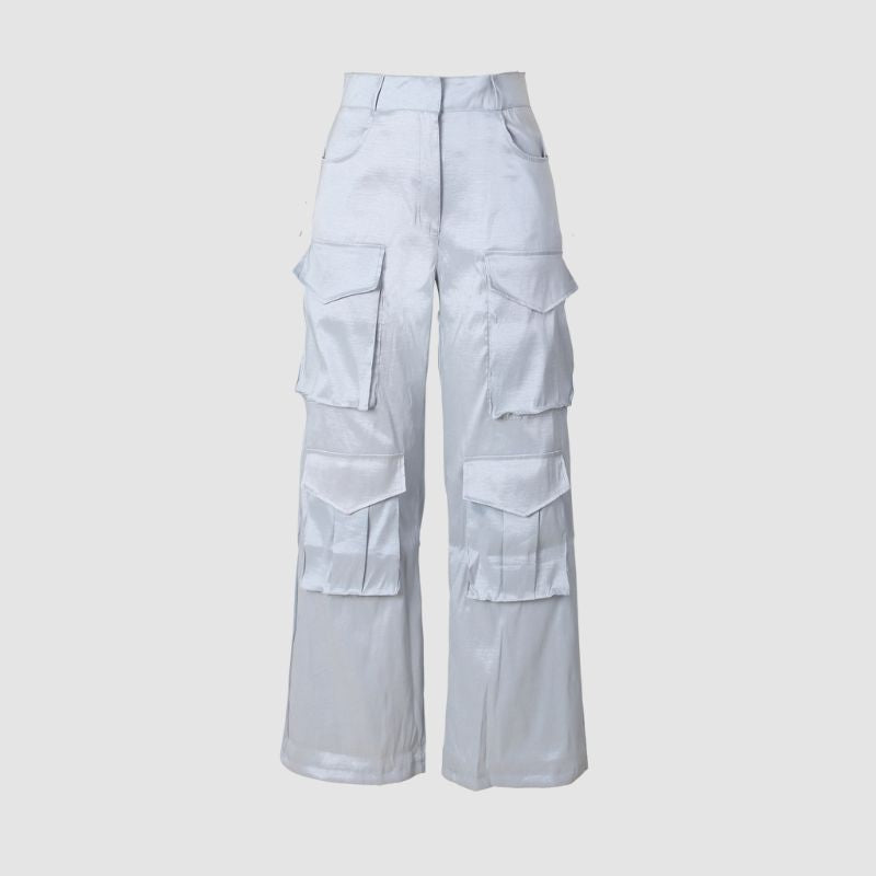 Solid Color Multi-Pocket High Waist Cargo Pants