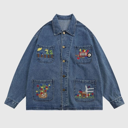 Cartoon Embroidered Multi-Pocket Denim Jacket