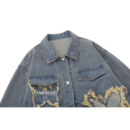 Distressed Denim Butterfly Embroidered Jacket