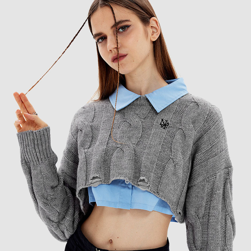 Cable-Knit Ripped Cropped Sweater