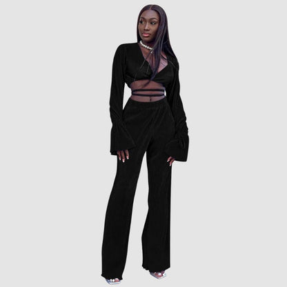 V-Neck Tie Up Top & Pleated Wide Leg Pant Set