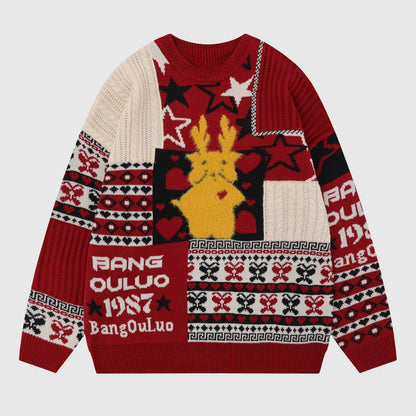 Reindeer Patchwork Christmas Sweater