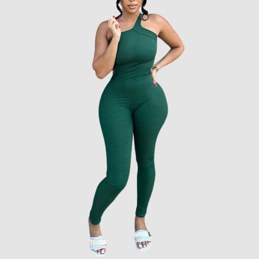 Solid Color Bodycon One Shoulder Jumpsuits