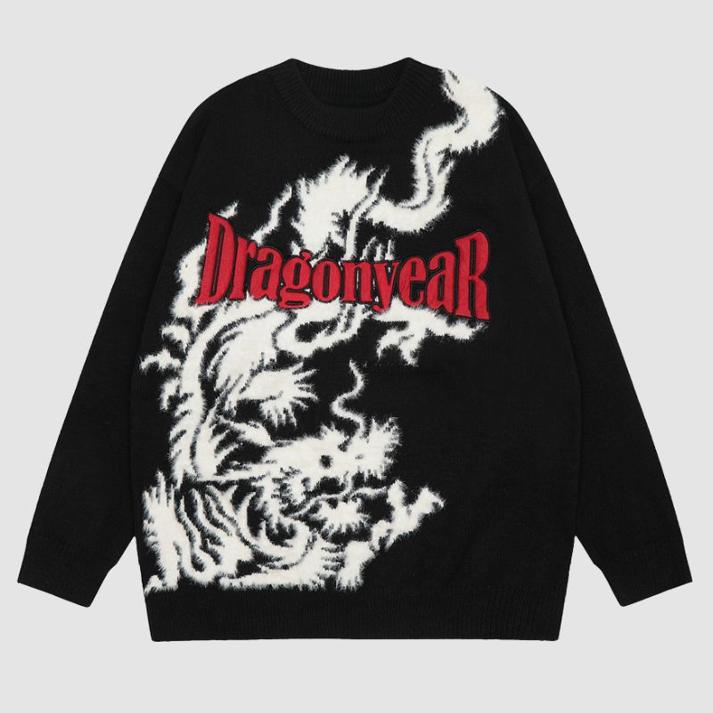 Dragon Pattern Jacquard Letter Embroidered Sweater