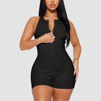 Ribbed Knit Sleeveless Zipper Romper