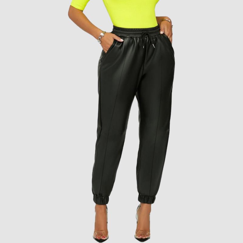 Solid Color Drawstring PU Pants