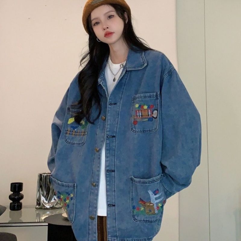 Cartoon Embroidered Multi-Pocket Denim Jacket