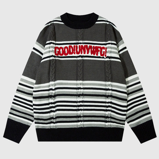 Vintage Stripe Color Contrast Patchwork Pullover