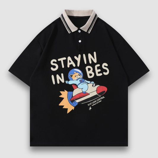 Cartoon Spaceship Printed Lapel Tee