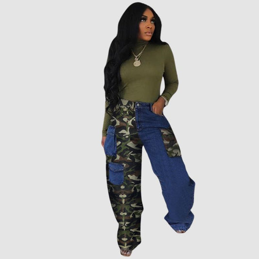 Camouflage Patchwork Denim Wide Leg Cargo Pants