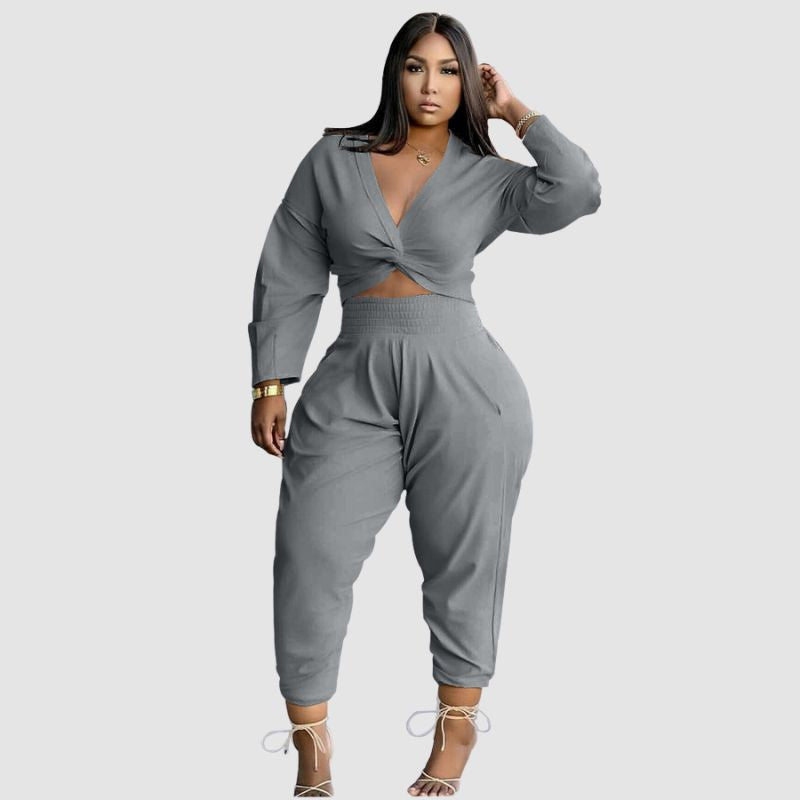 Twisted V-neck Crop Top & High Waist Pant Set