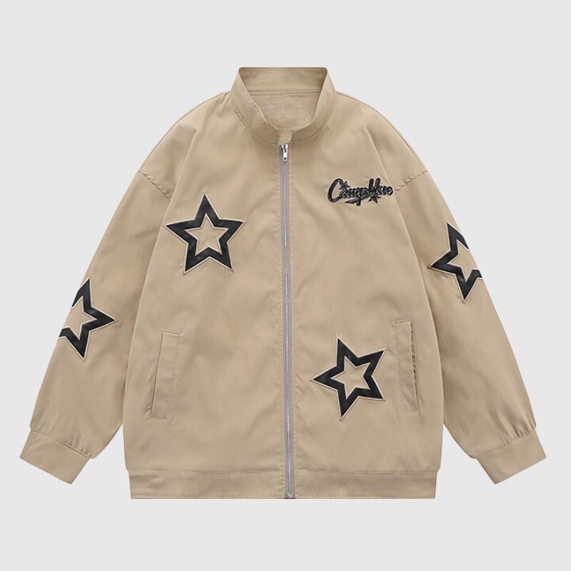 Vintage Star Embroidered Stand Collar Jacket