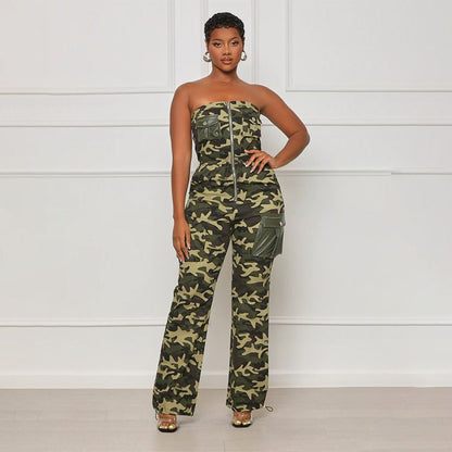 Drawstring Waist Camouflage Jumpsuits