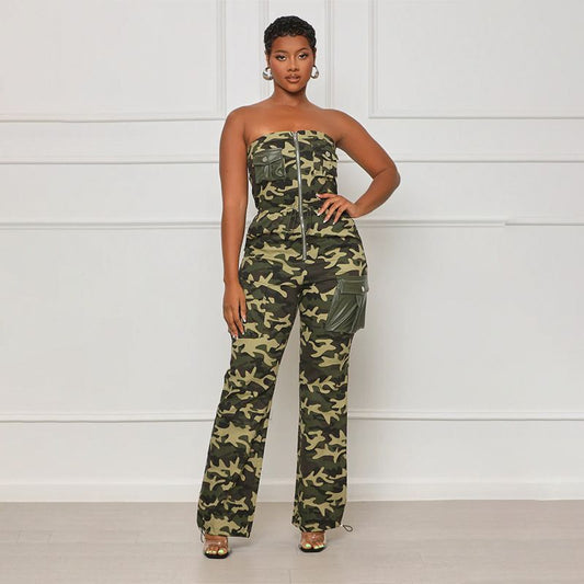 Drawstring Waist Camouflage Jumpsuits