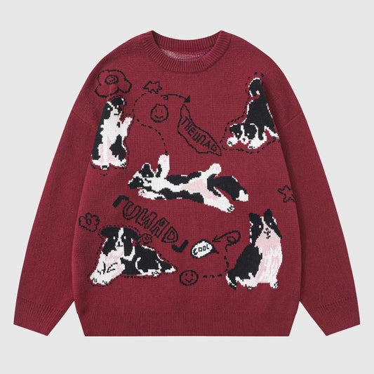 Dog Pattern Oversized Knit Sweater