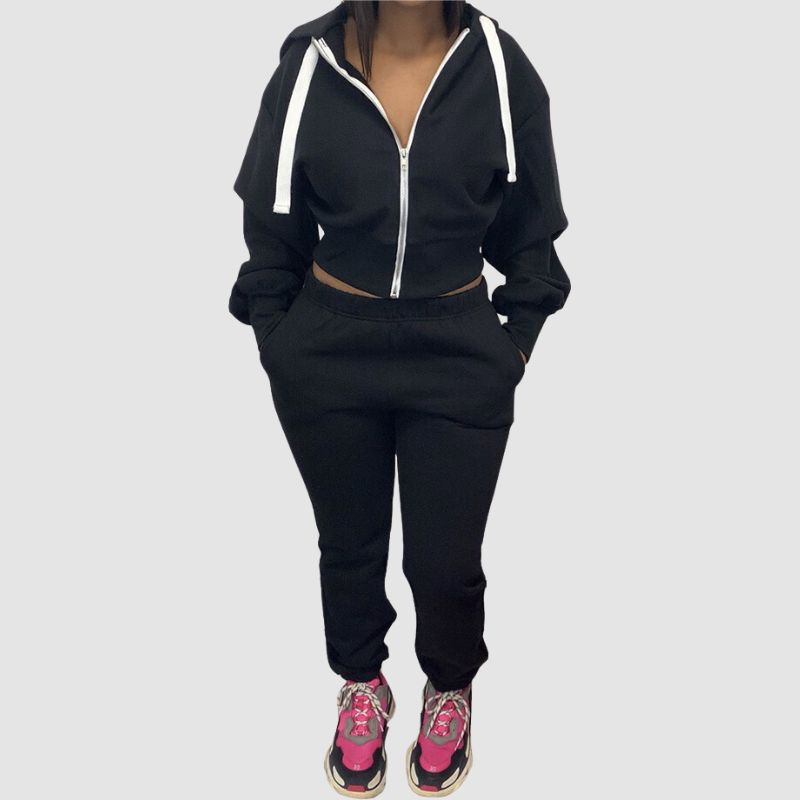 Solid Color Zip Hoodies Pant Set