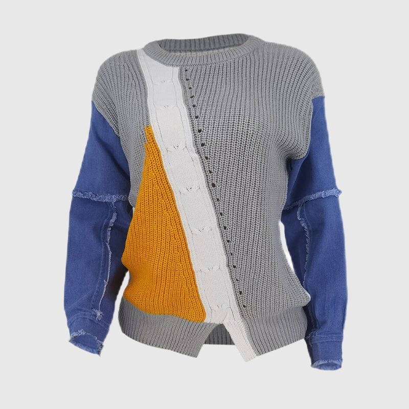 Denim Patchwork Color Contrast Design Pullover