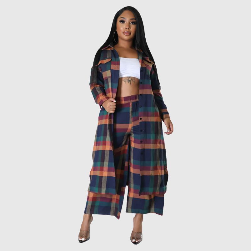 Plaid Shirts Wide Leg Pant Set