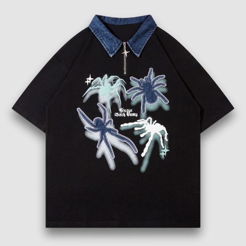 Spider Denim Patch Embroidered Lapel Tee