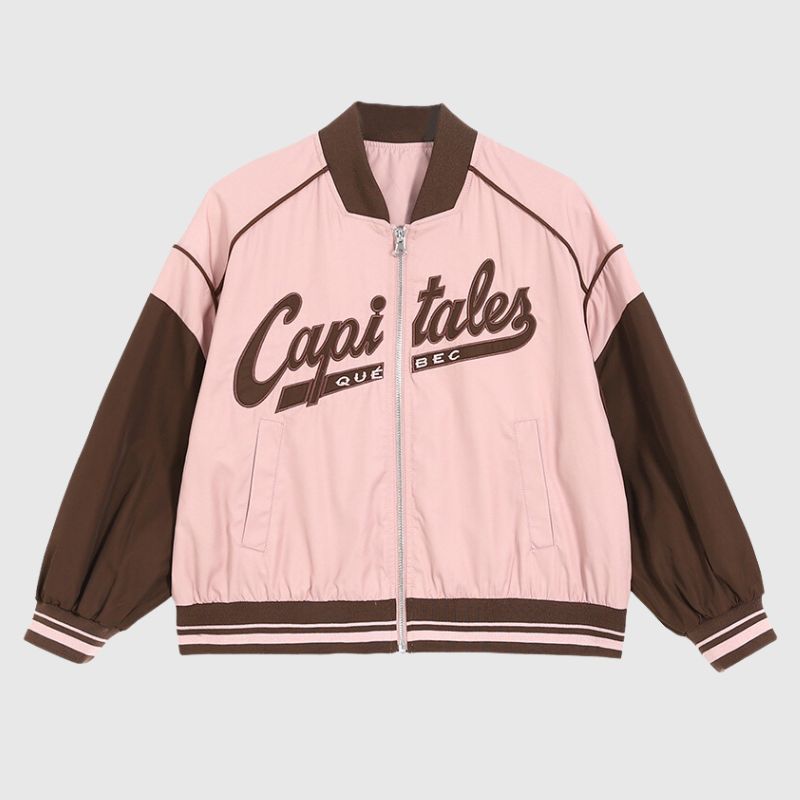 Retro Pink Color-Block Short Baseball Jacket