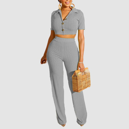 Lapel Crop Top & Long Pant Set