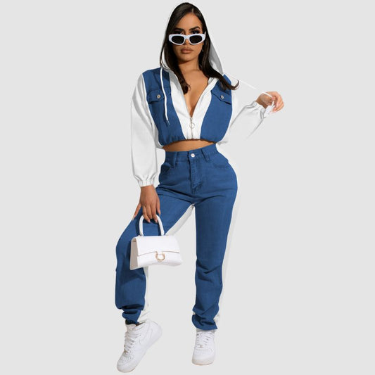 Denim Patchwork Hooded Jacket Set