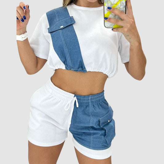 Denim Patchwork Short Pants Set