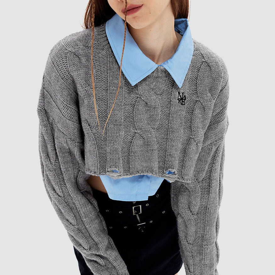 Cable-Knit Ripped Cropped Sweater