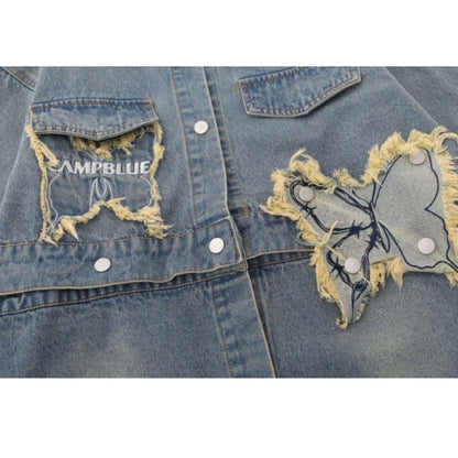 Distressed Denim Butterfly Embroidered Jacket