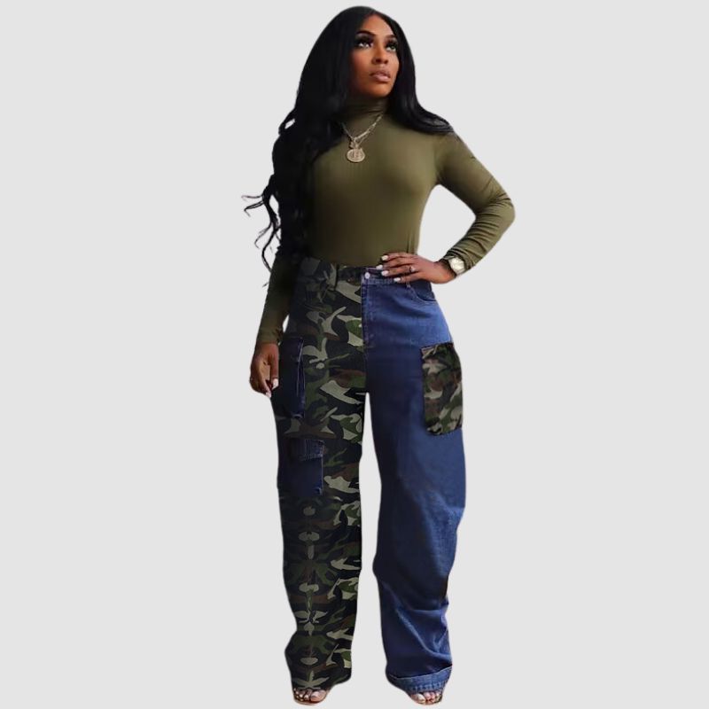 Camouflage Patchwork Denim Wide Leg Cargo Pants