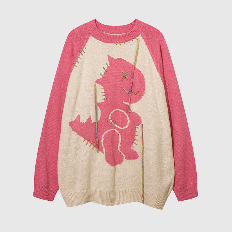 Color Contrast Dinosaur Patchwork Design Knit Pullover