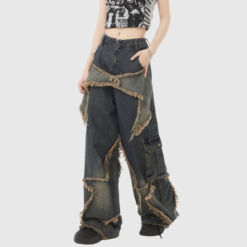 Star Pattern Frayed Patchwork Jeans